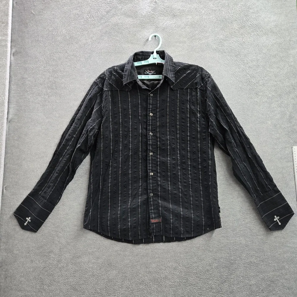 VINTAGE Fender‎ By Rock & Roll Religion Men Button Up Shirt L Cross Grunge Y2K